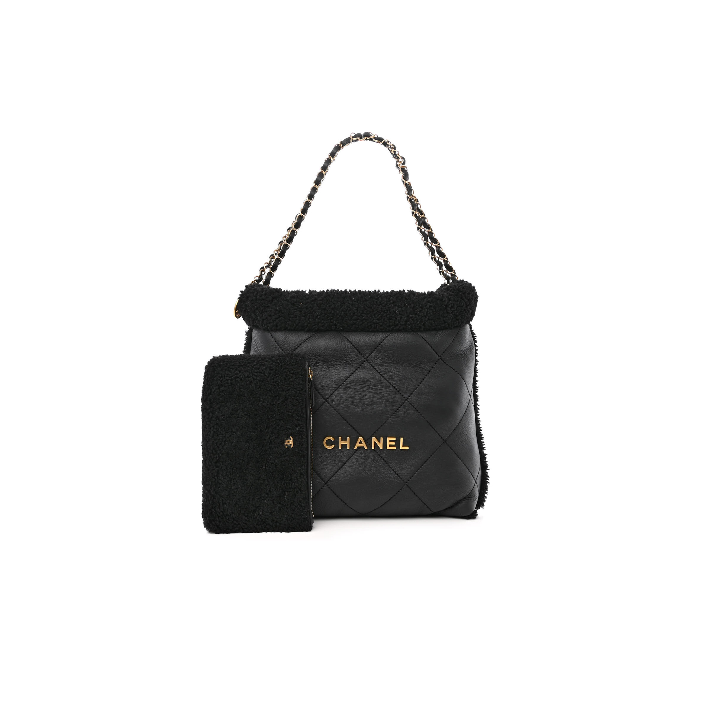 Ch*el master aged lambskin shearling quilted small Ch*el 22 black as3260 (30*30*8cm)